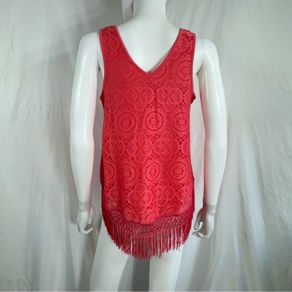 Self Esteem Salmon Color Lace V-Neck Sleeveless Fringe Edge Top - Picture 3 of 7